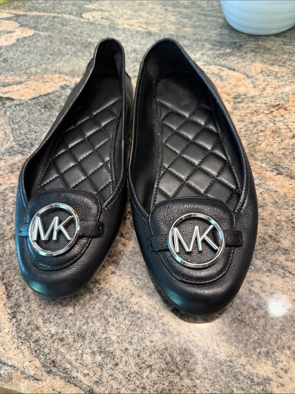 Michael Kors Black Quilted Leather Logo Round-Toe Flats